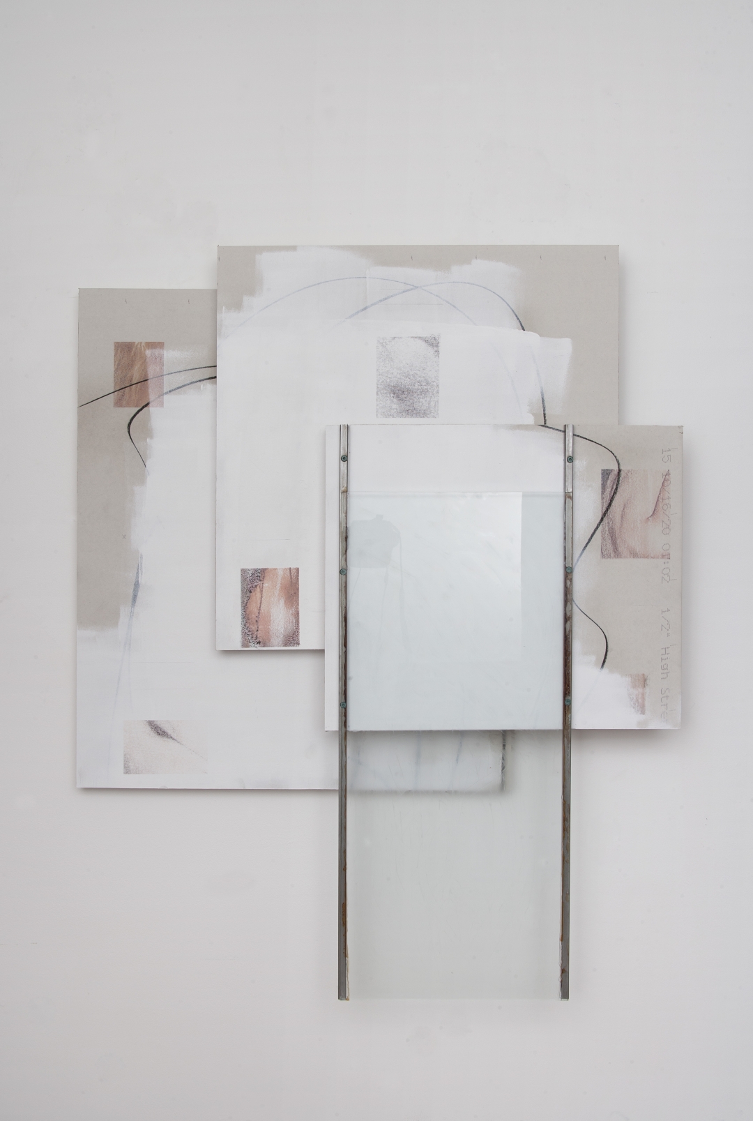 Untitled (2020), drywall, steel, paint, glass, inkjet print transfer, wood, charcoal; 48 x 48 in (122x122cm); ph. courtesy the artist and Galleria Macca