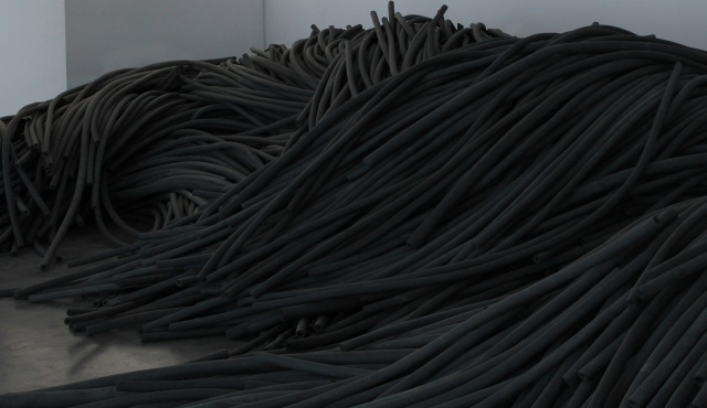 KERNEL (Pegy Zali, Petros Moris, and Theodoros Giannakis), Torrent, 2016. Disposed plastic cable jackets, dimensions variable. Courtesy the artist