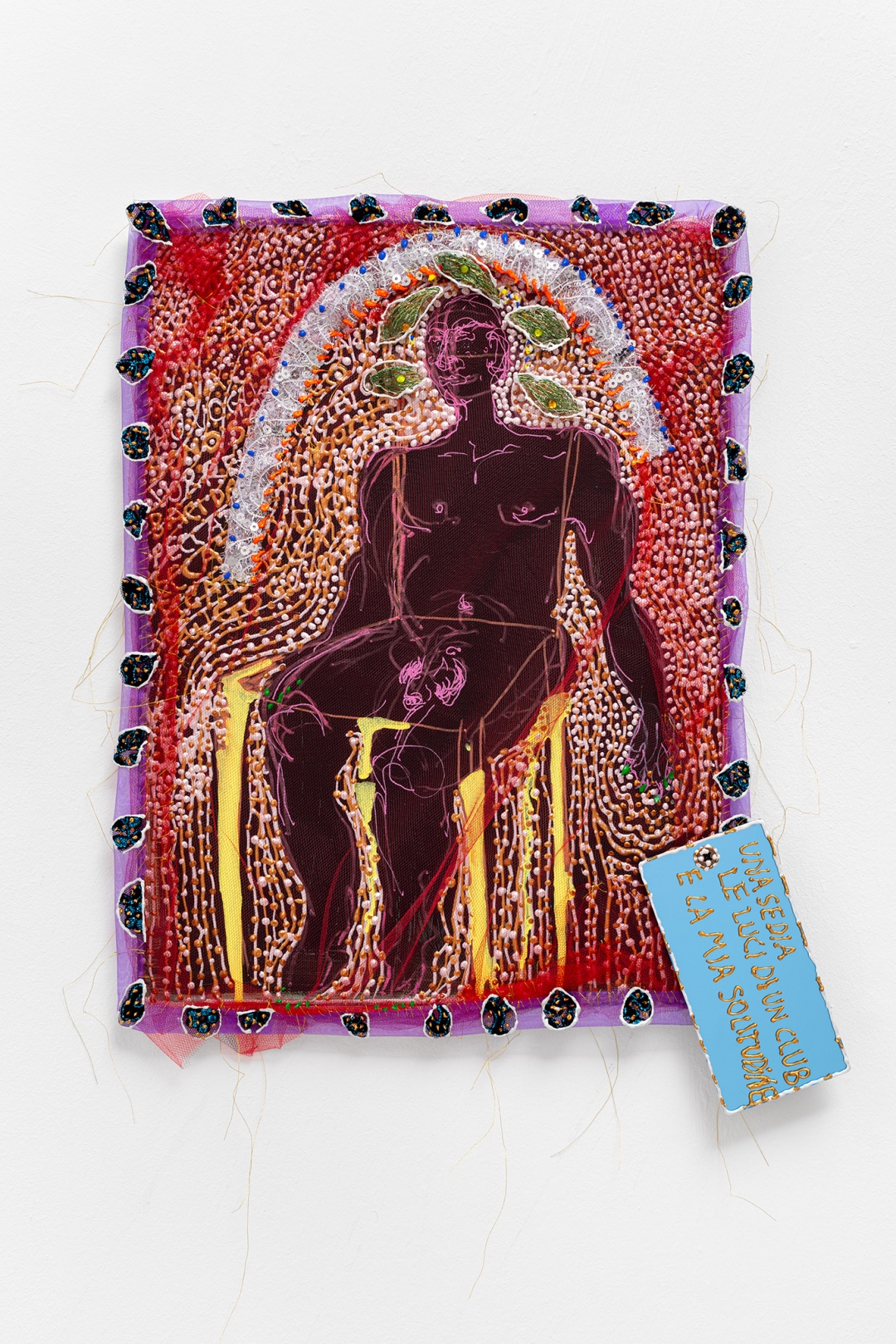 Una sedia, le luci di un club e la mia solitudine (2024); Sardinian brocade, silk organza crochet, liquid outliner for glass, stitched on canvas; 45x35cm. Ph. by Nicola Morittu; courtesy the artist