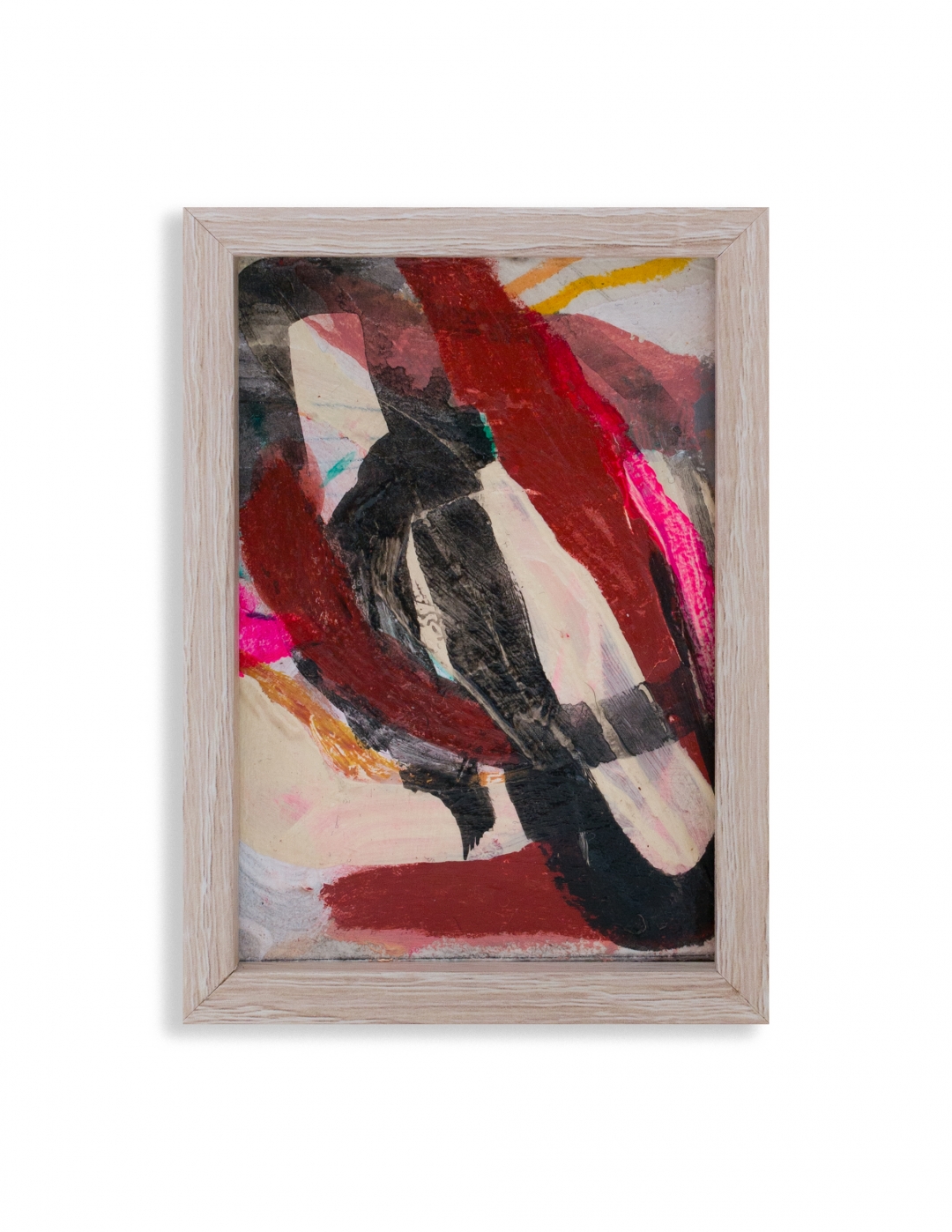 Pink and Black Tale (2023); mixed media on cotton paper; 14x10cm (framed)
